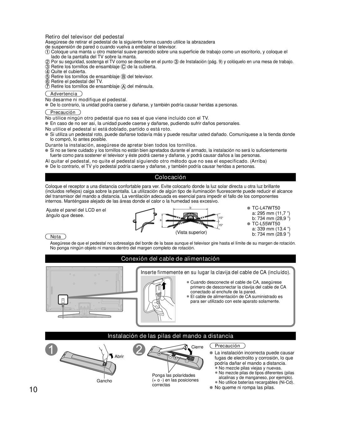 Panasonic TC-L47WT50 Colocación, Conexión del cable de alimentación, Instalación de las pilas del mando a distancia 