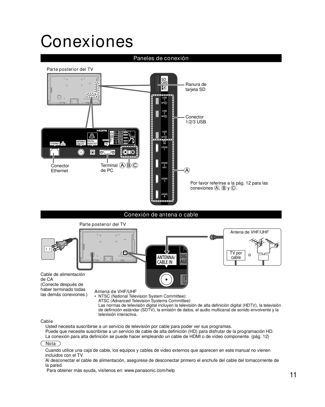 Panasonic TC-L47WT50 owner manual Conexiones, Paneles de conexión, Conexión de antena o cable 