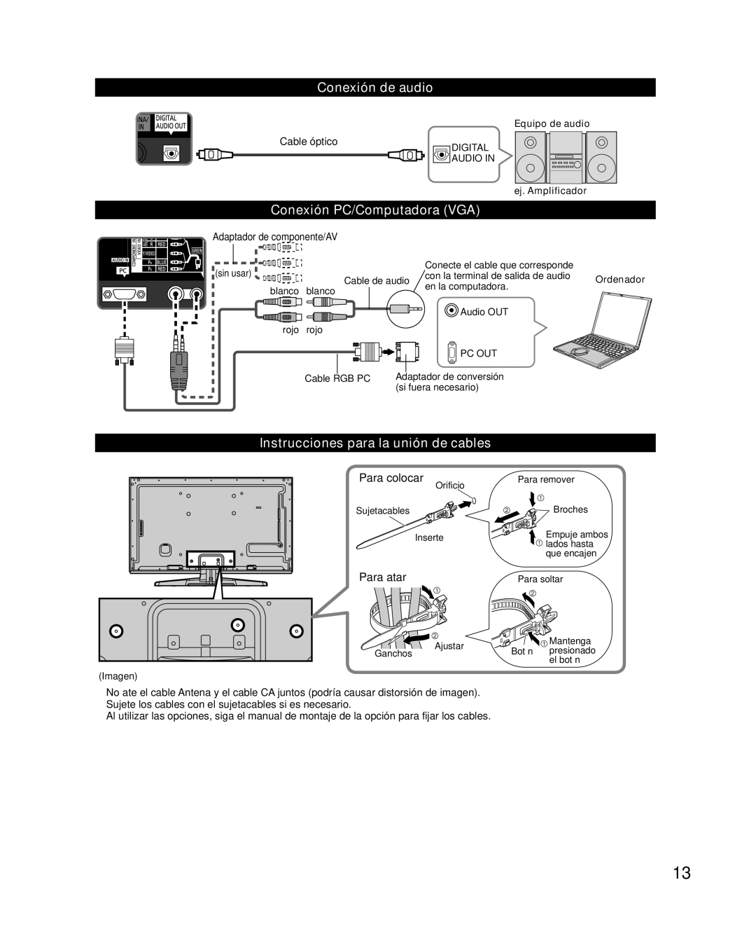 Panasonic TC-L47WT50 Conexión de audio, Conexión PC/Computadora VGA, Instrucciones para la unión de cables, Para colocar 