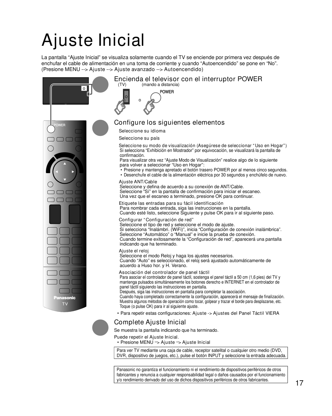 Panasonic TC-L47WT50 Ajuste Inicial, Encienda el televisor con el interruptor Power, Configure los siguientes elementos 