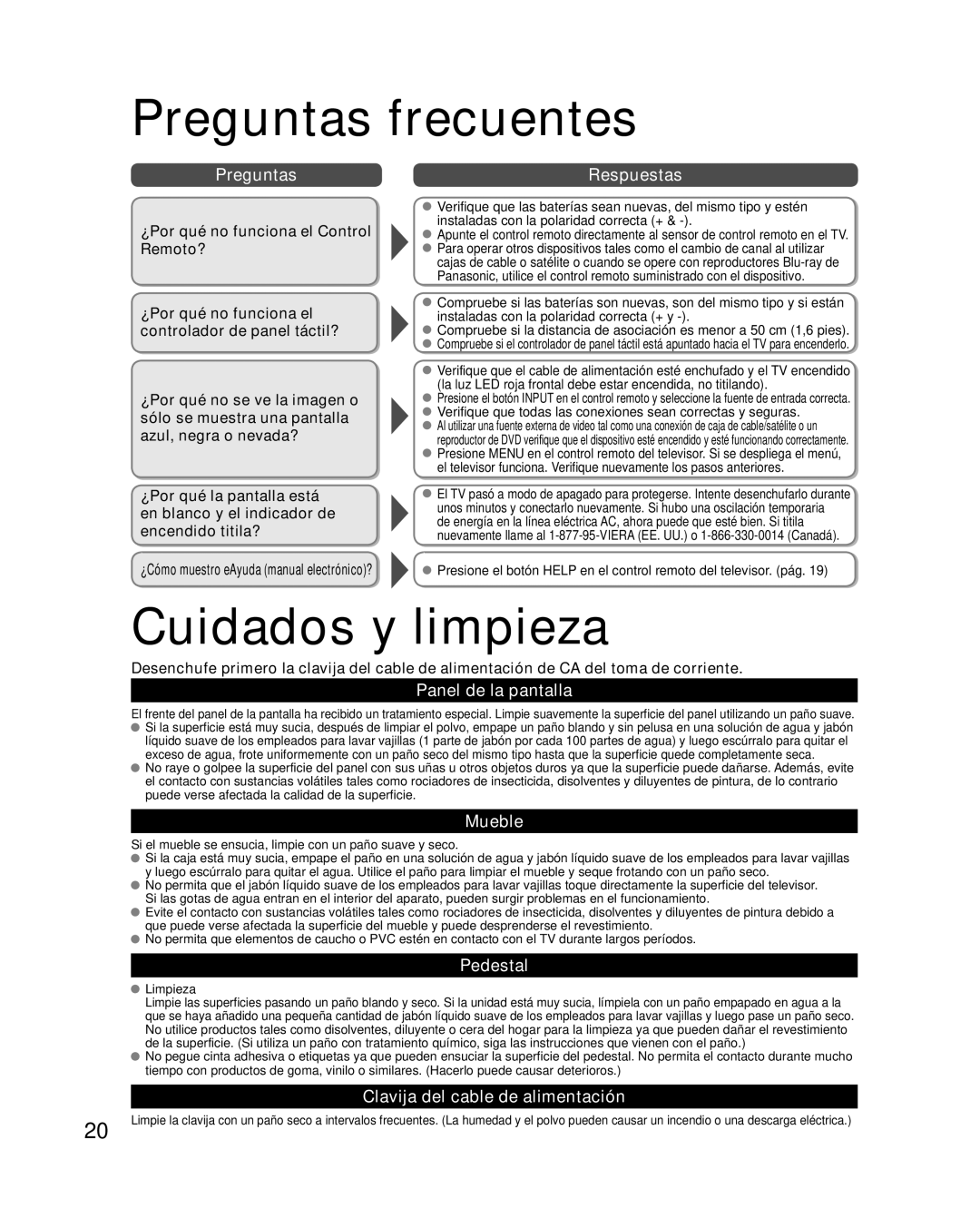 Panasonic TC-L47WT50 owner manual Preguntas frecuentes, Cuidados y limpieza 