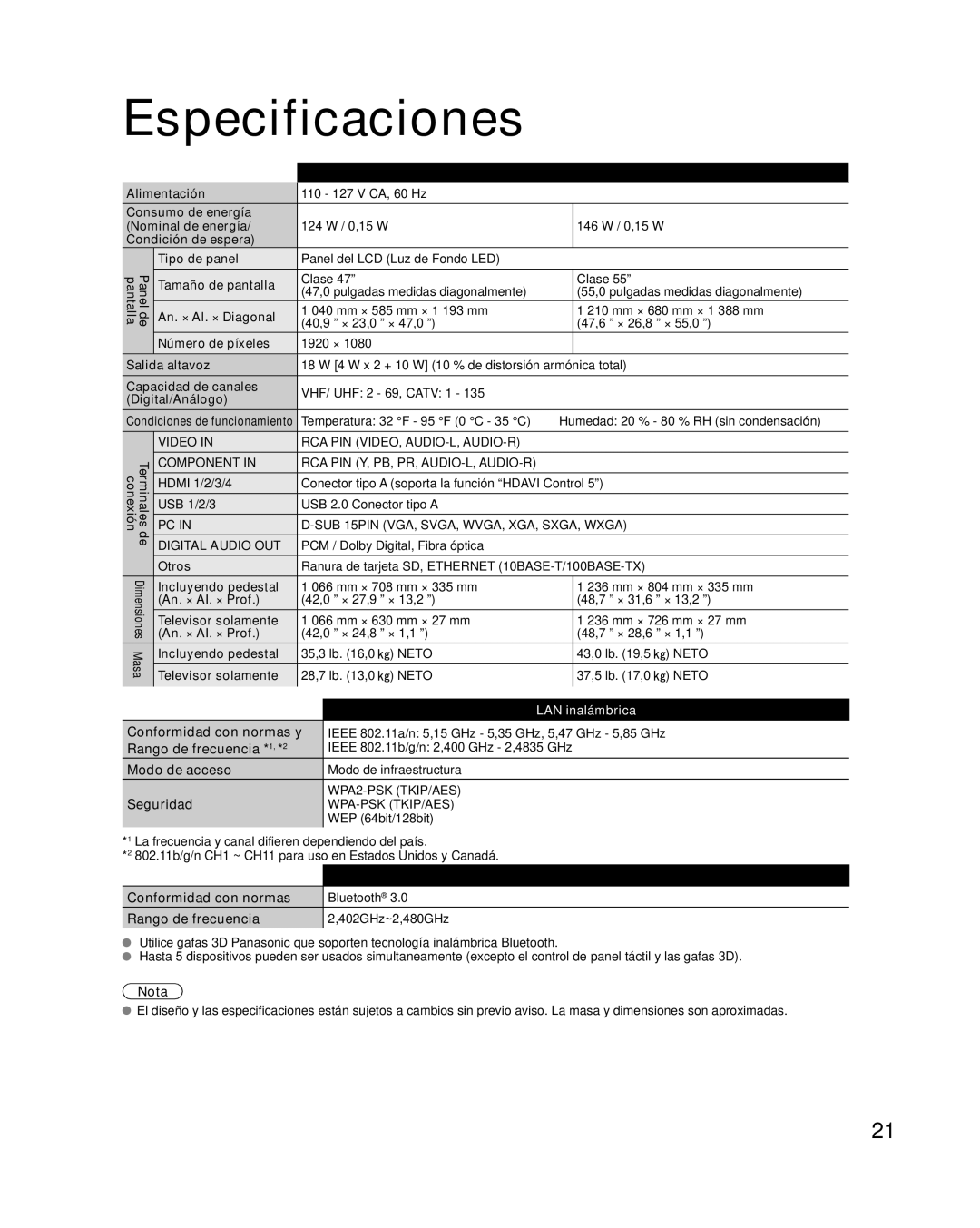 Panasonic TC-L47WT50 owner manual Especificaciones 