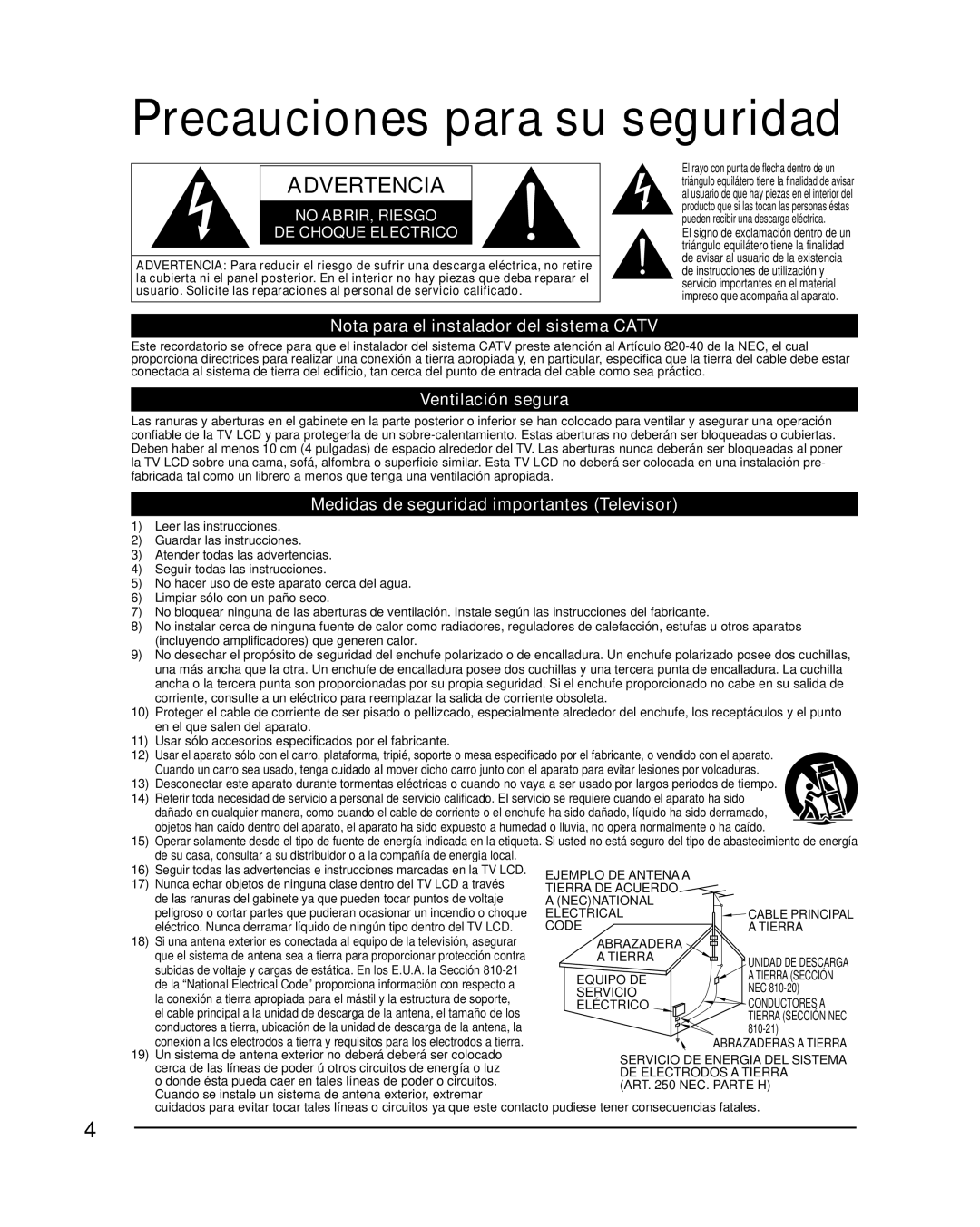 Panasonic TC-L47WT50 Precauciones para su seguridad, Nota para el instalador del sistema Catv, Ventilación segura 