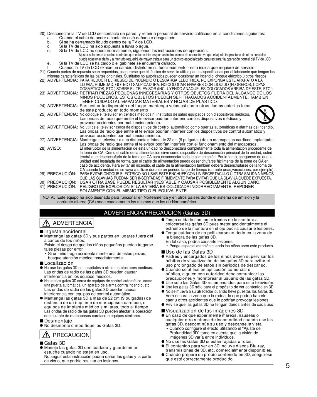 Panasonic TC-L47WT50 owner manual ADVERTENCIA/PRECAUCION Gafas 3D 