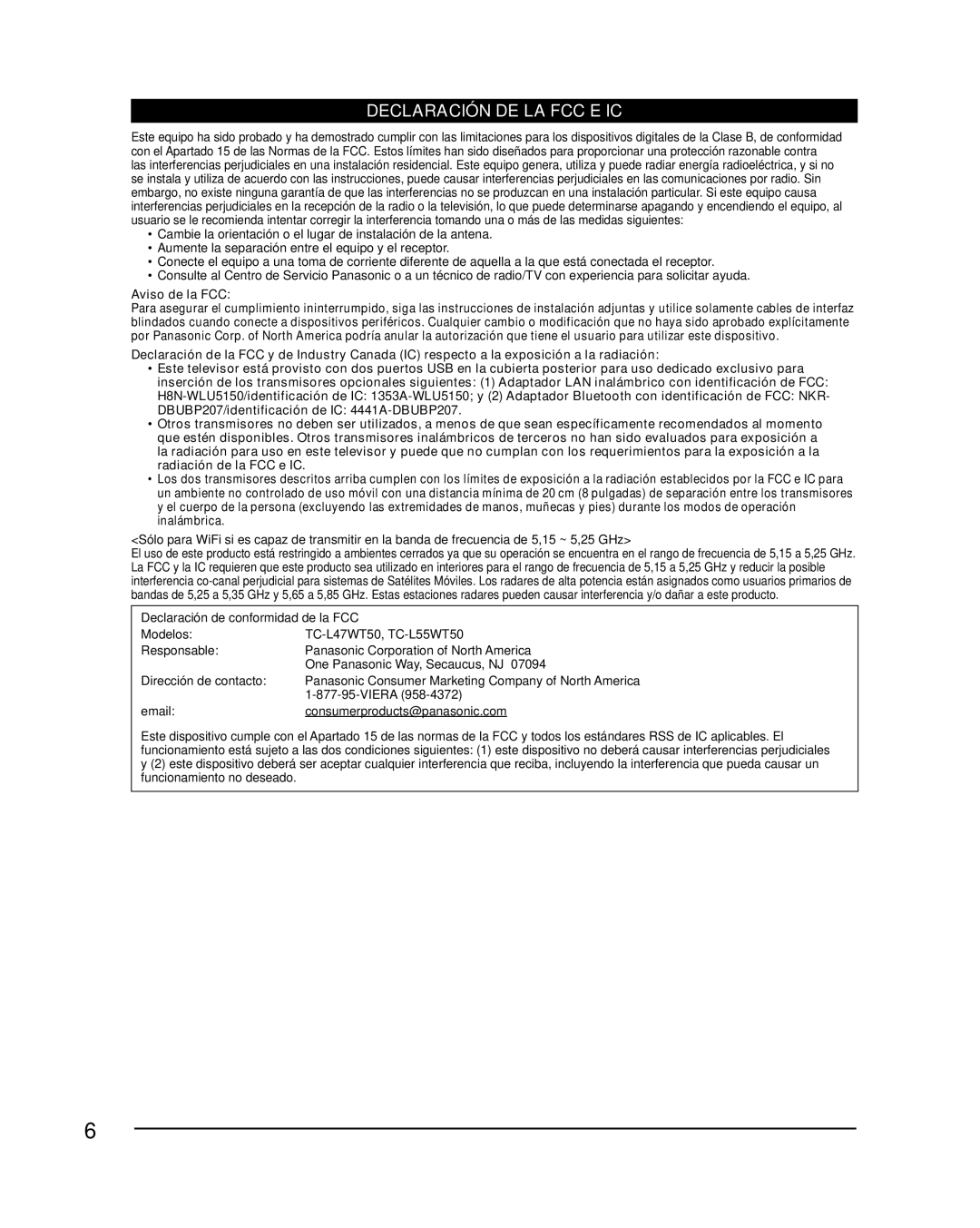 Panasonic TC-L47WT50 owner manual Aviso de la FCC, Viera, Consumerproducts@panasonic.com 