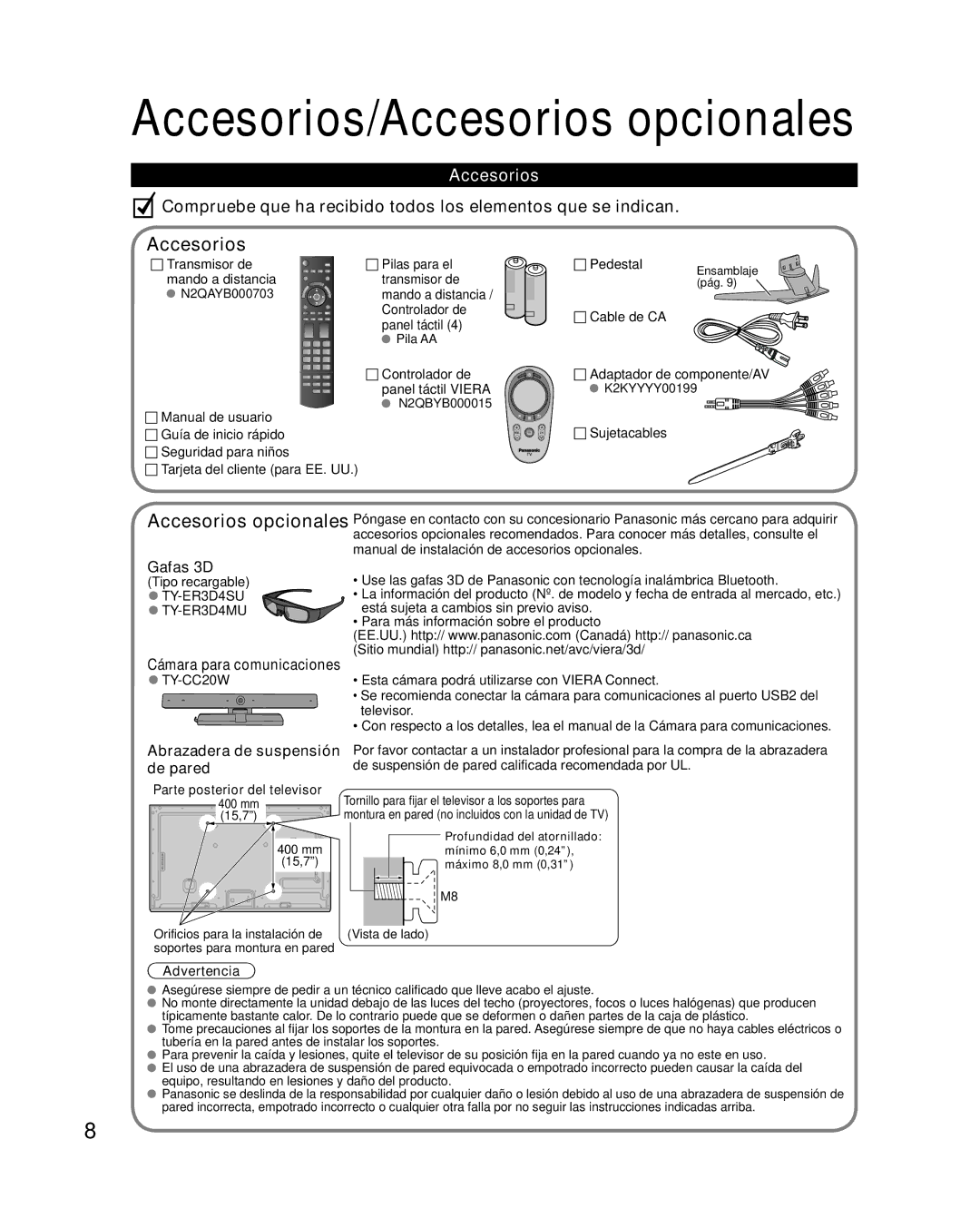 Panasonic TC-L47WT50 owner manual Accesorios, Abrazadera de suspensión de pared, Advertencia 