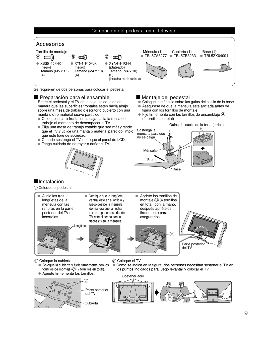 Panasonic TC-L47WT50 owner manual Preparación para el ensamble, Montaje del pedestal, Instalación 