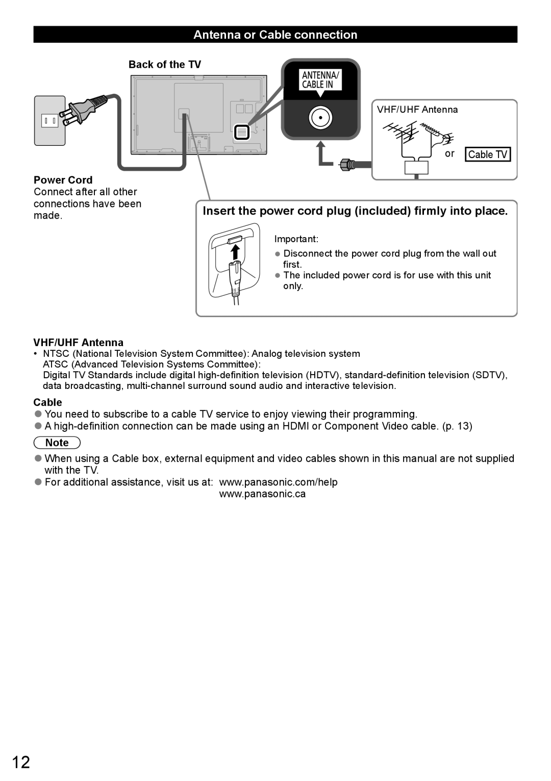 Panasonic TC-L47WT60 Antenna or Cable connection, Insert the power cord plug included firmly into place, VHF/UHF Antenna 