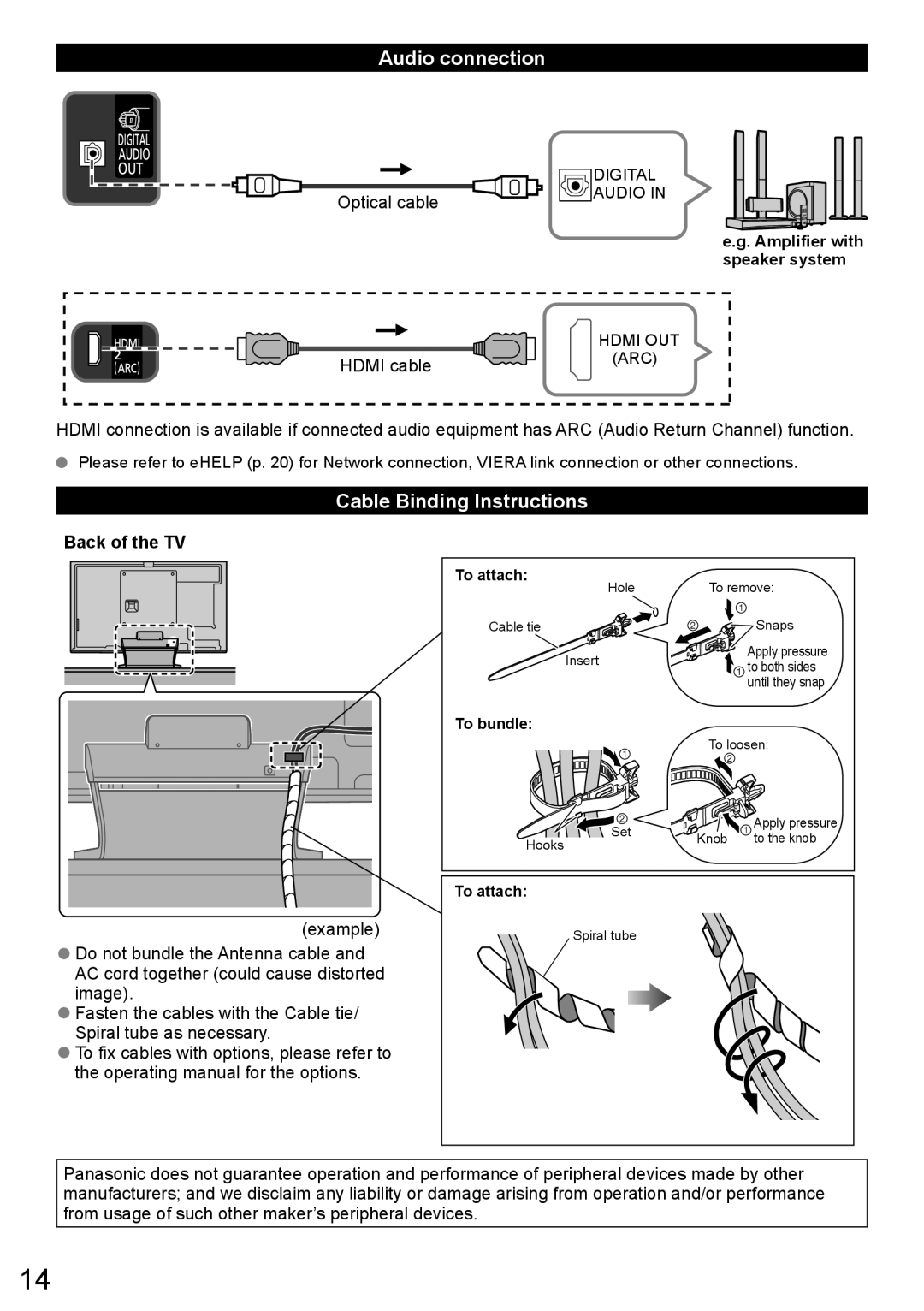 Panasonic TC-L47WT60 owner manual Audio connection, Cable Binding Instructions 