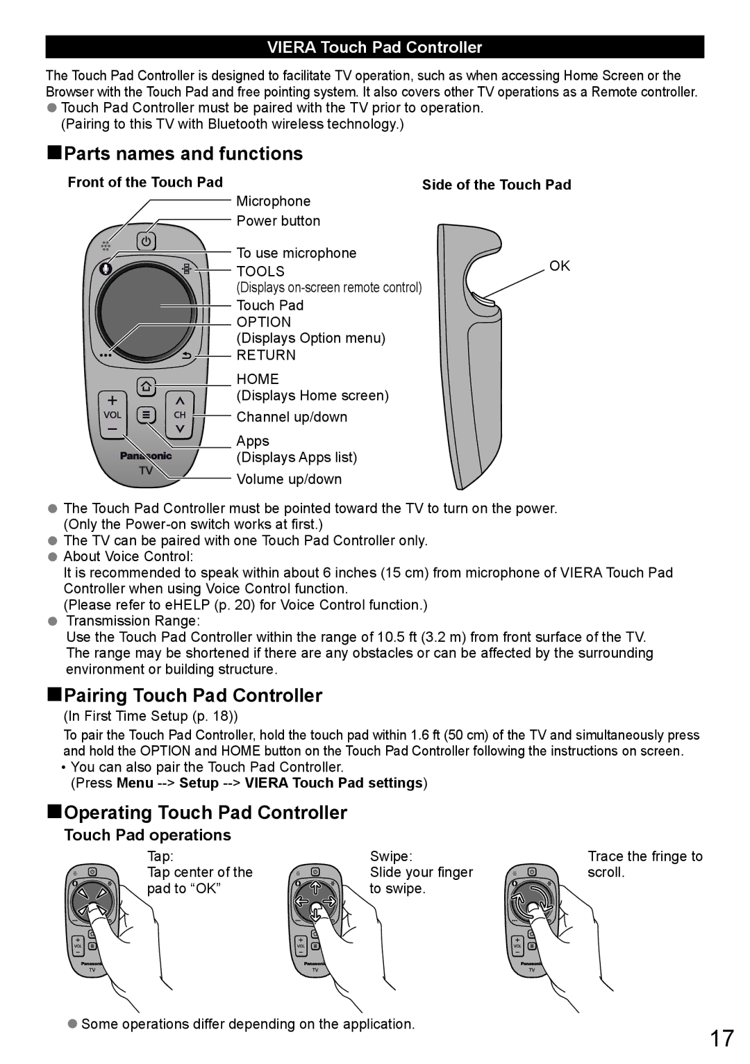 Panasonic TC-L47WT60 owner manual Viera Touch Pad Controller, Touch Pad operations, Front of the Touch Pad 