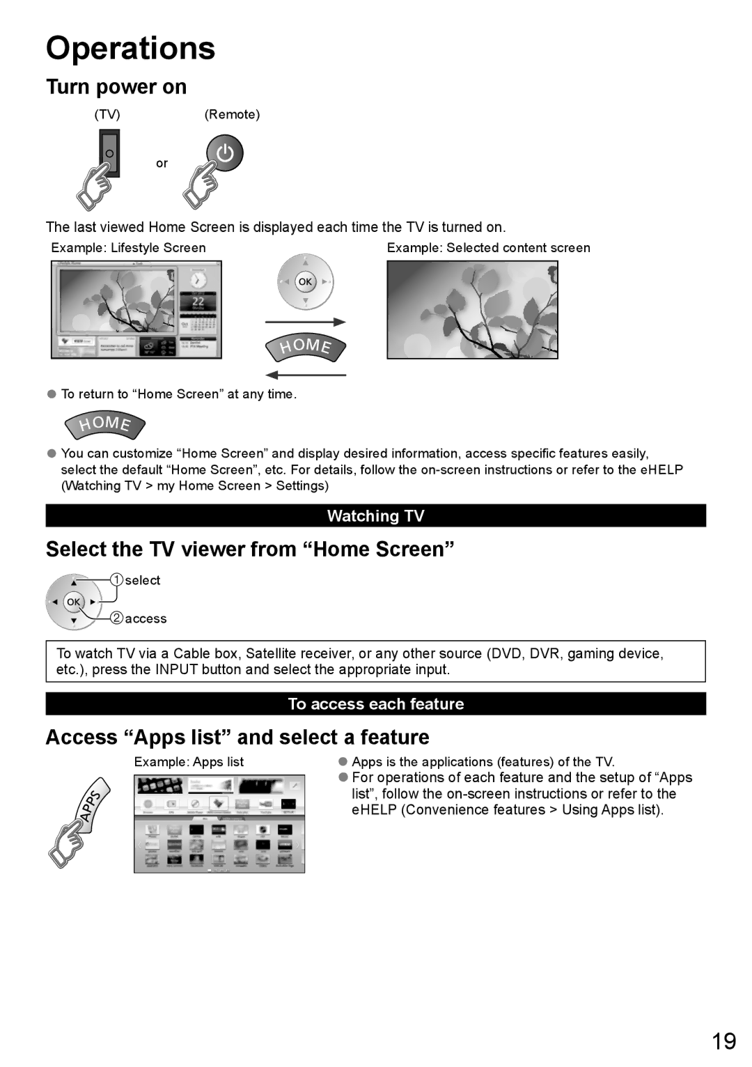 Panasonic TC-L47WT60 owner manual Operations, Watching TV, To access each feature 