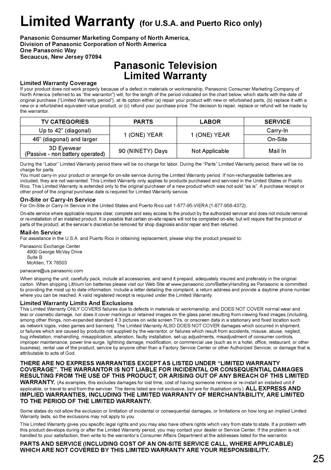 Panasonic TC-L47WT60 owner manual Panasonic Television Limited Warranty 