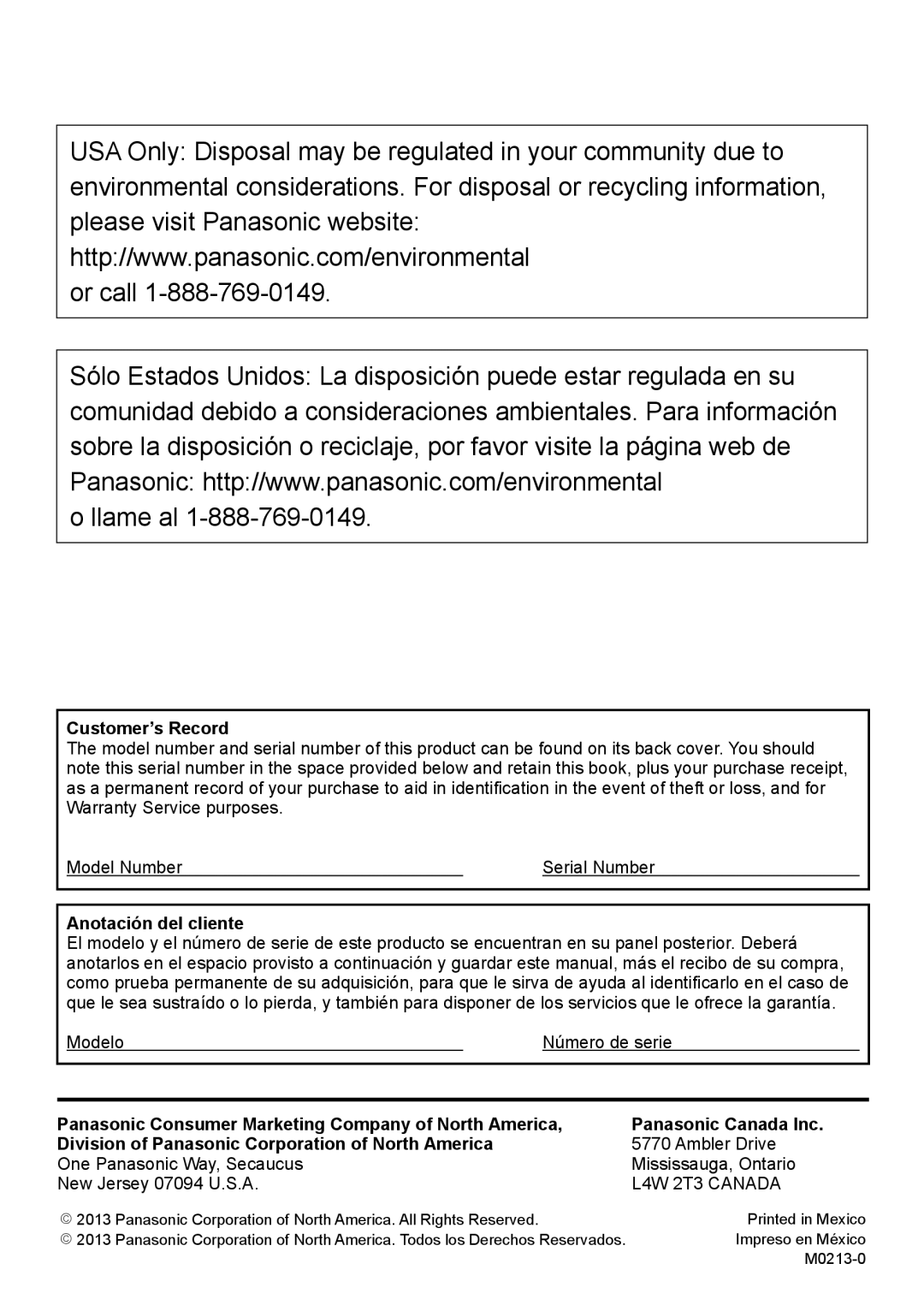 Panasonic TC-L47WT60 owner manual Customer’s Record, Anotación del cliente 