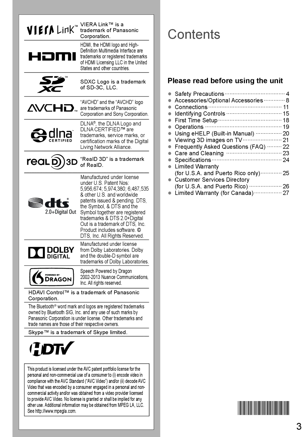 Panasonic TC-L47WT60 owner manual Contents 