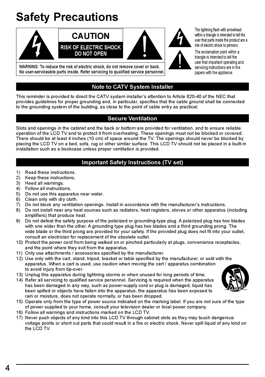 Panasonic TC-L47WT60 owner manual Safety Precautions, Secure Ventilation, Important Safety Instructions TV set 