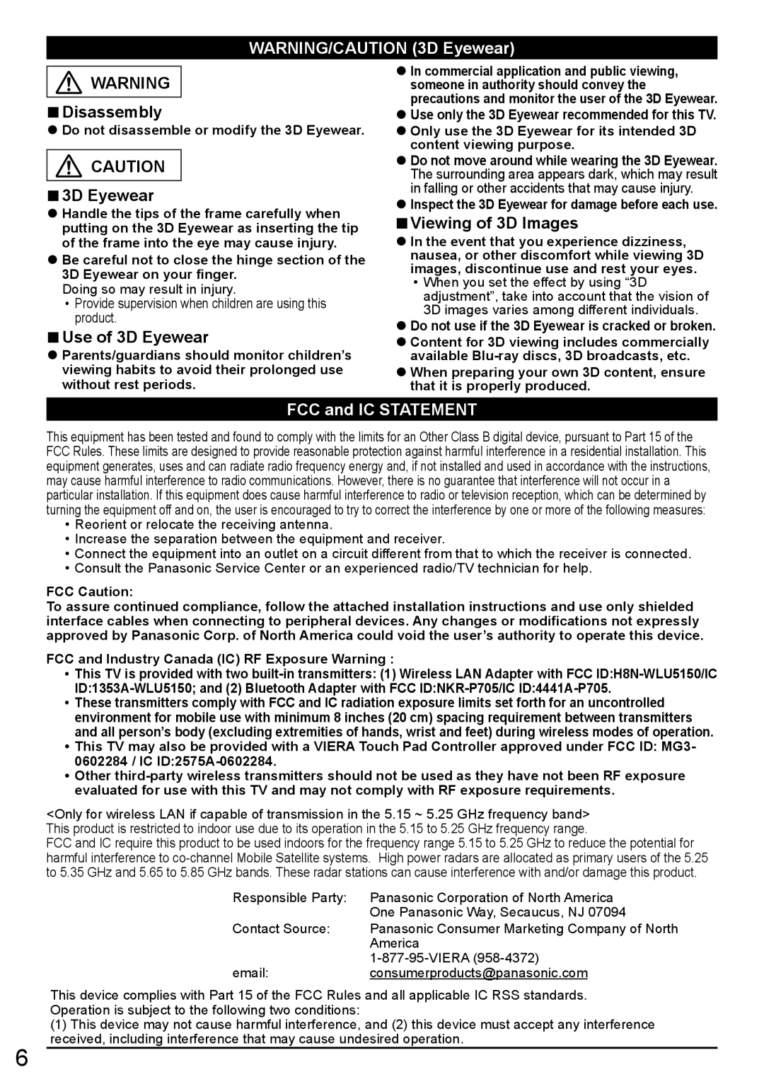 Panasonic TC-L47WT60 owner manual Use of 3D Eyewear, FCC and IC Statement 