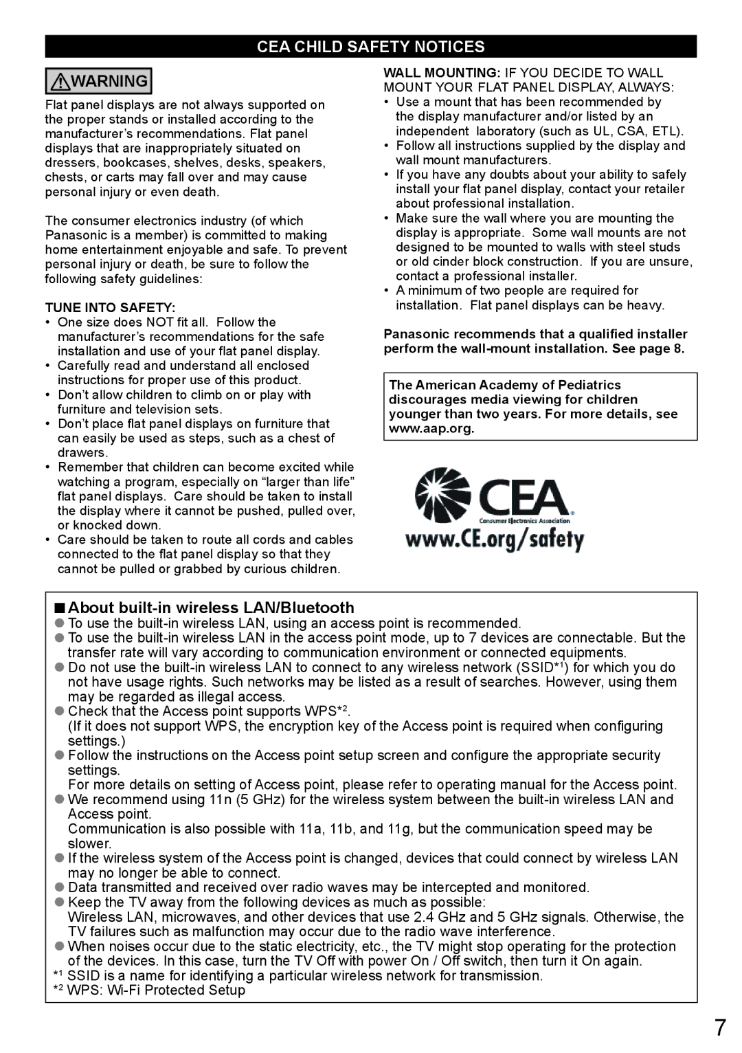 Panasonic TC-L47WT60 owner manual CEA Child Safety Notices, About built-in wireless LAN/Bluetooth 