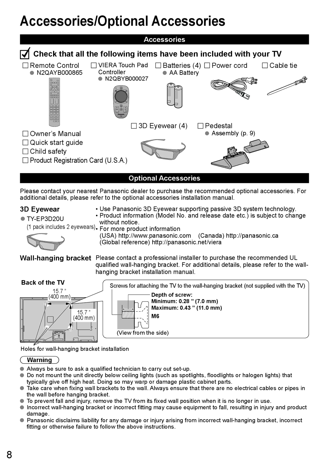 Panasonic TC-L47WT60 owner manual Accessories/Optional Accessories, Wall-hanging bracket, Back of the TV 