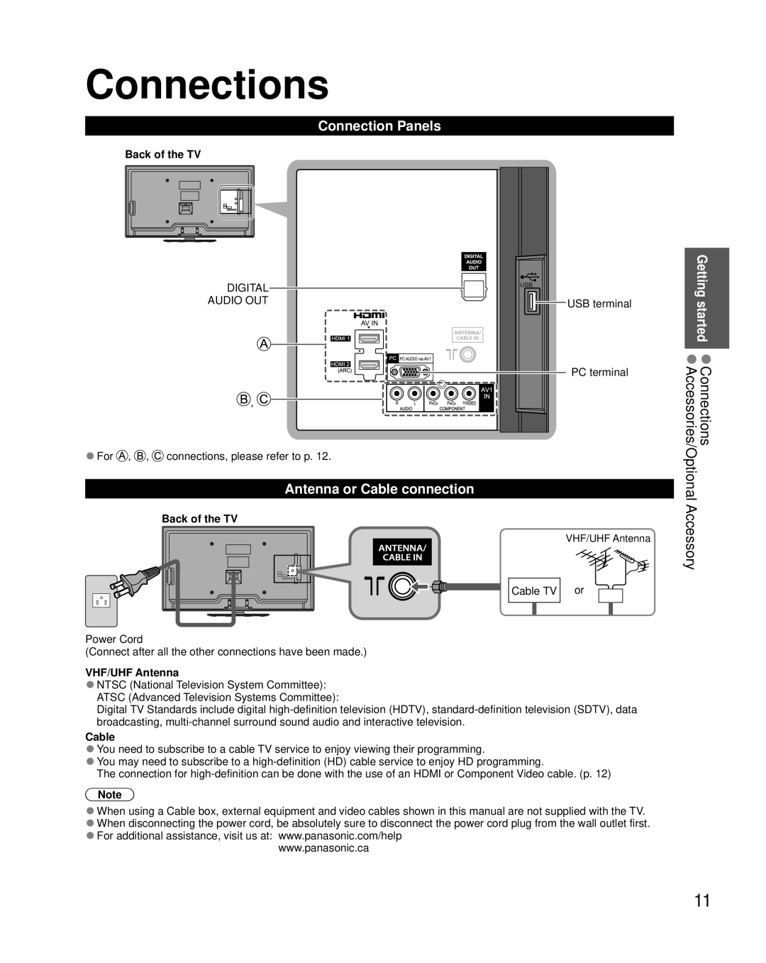 Panasonic TC-L50EM5 owner manual Connections, Accessory, Connection Panels, Antenna or Cable connection 