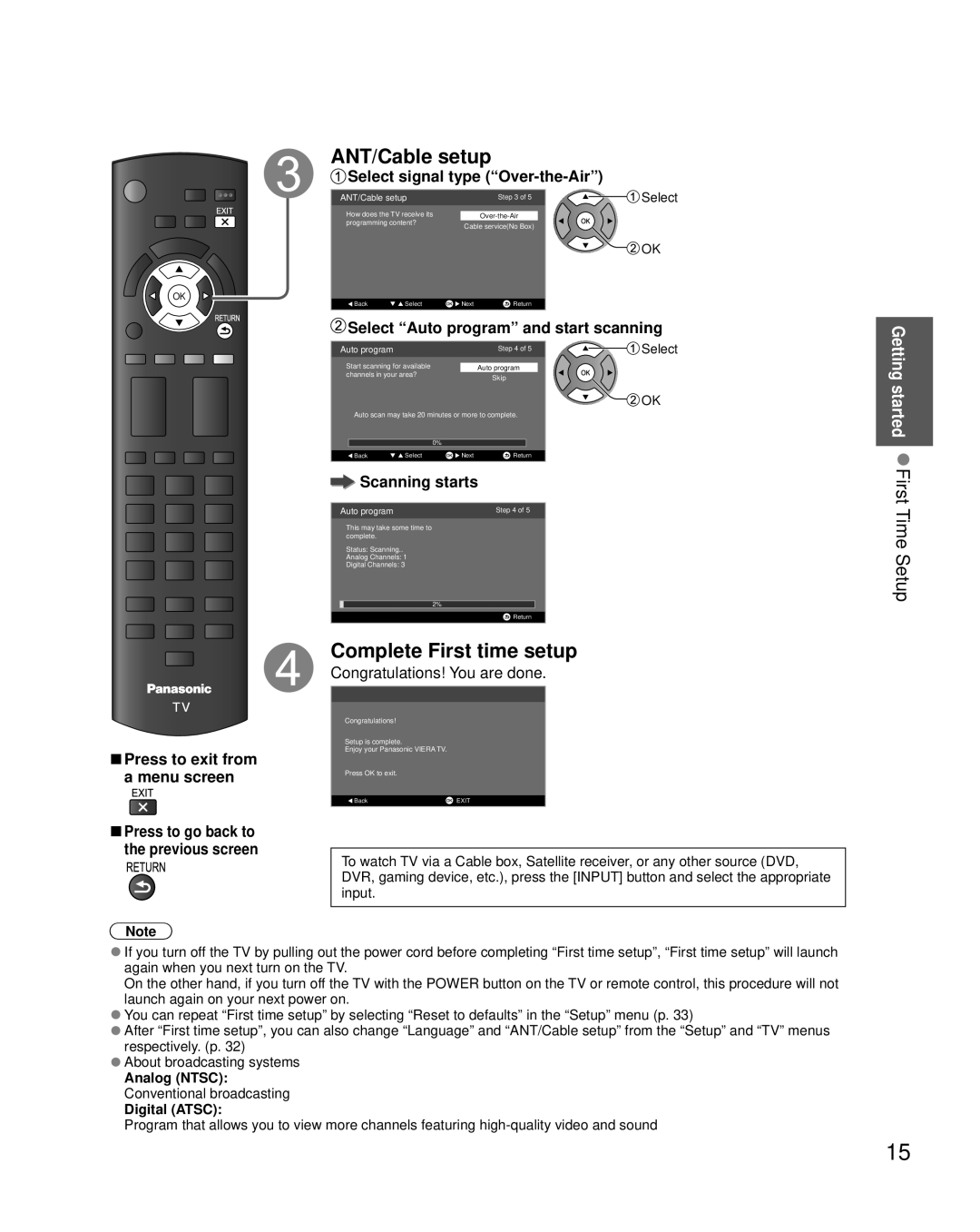 Panasonic TC-L50EM5 owner manual ANT/Cable setup, Complete First time setup, Select signal type Over-the-Air 