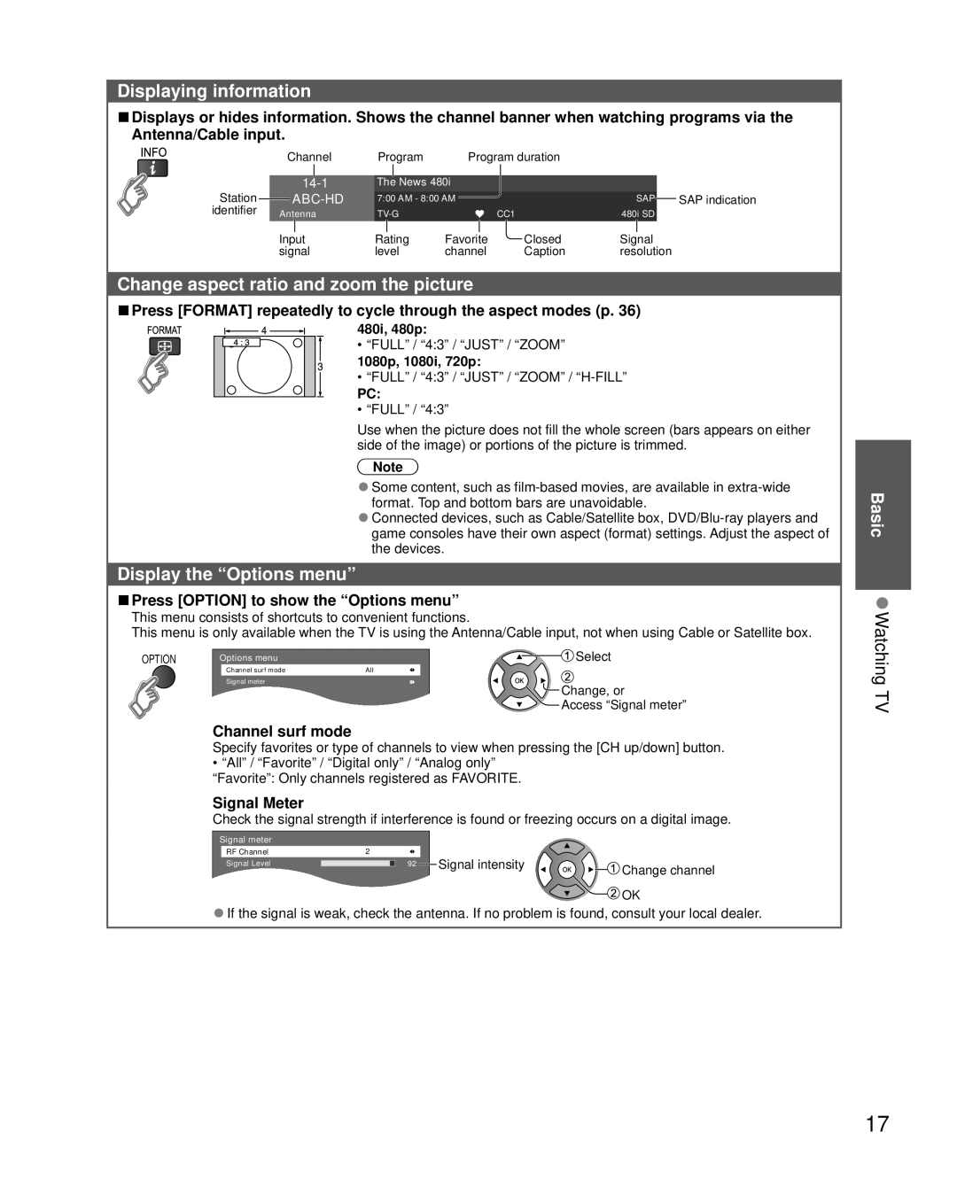 Panasonic TC-L50EM5 owner manual Displaying information, Change aspect ratio and zoom the picture, Display the Options menu 