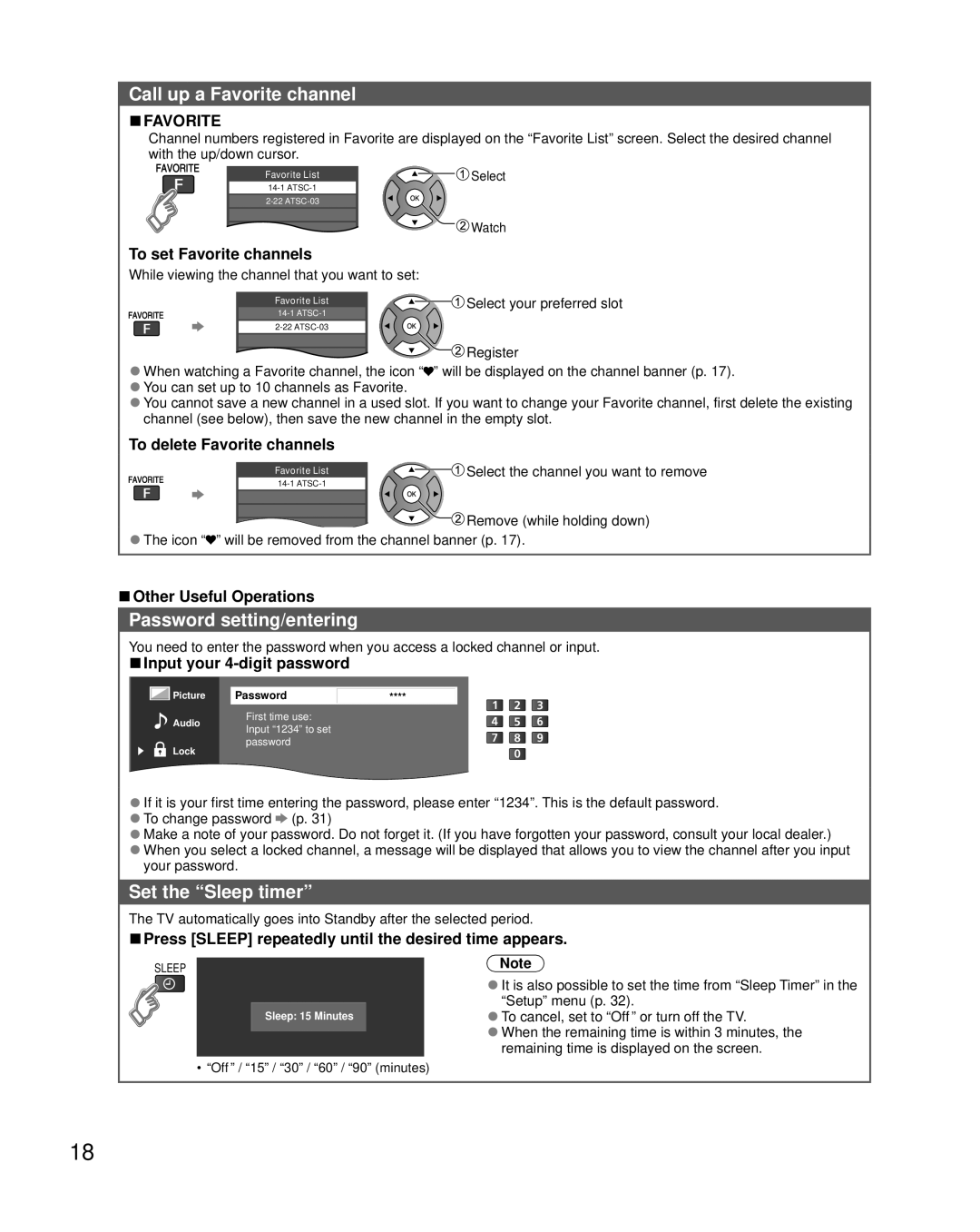 Panasonic TC-L50EM5 owner manual Call up a Favorite channel, Password setting/entering, Set the Sleep timer 