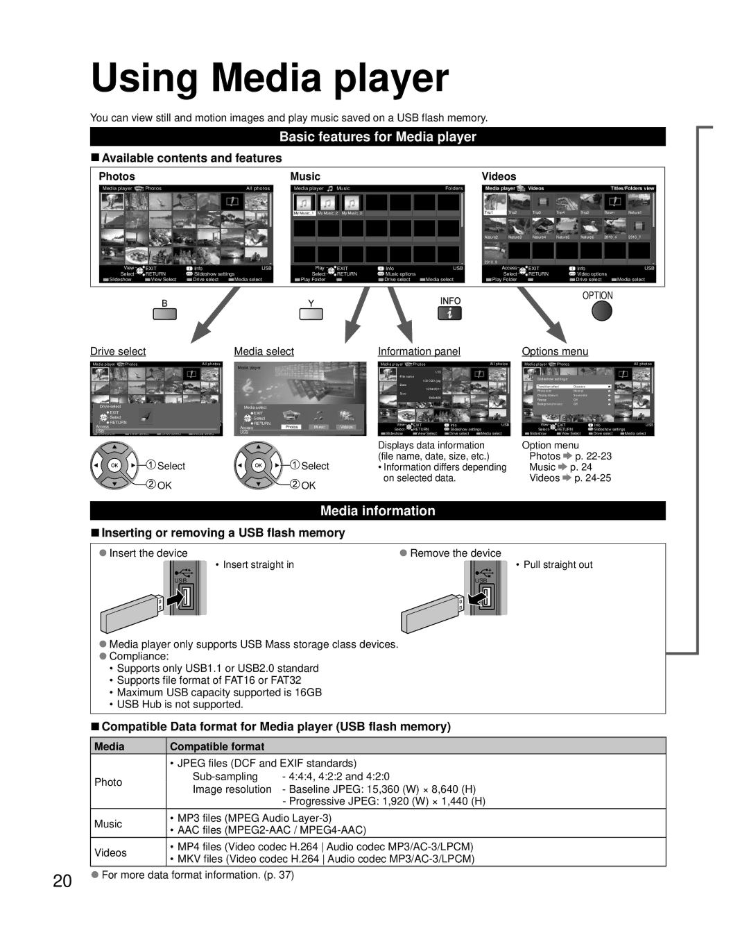 Panasonic TC-L50EM5 owner manual Using Media player, Basic features for Media player, Media information 