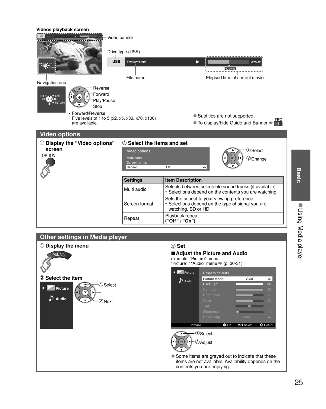 Panasonic TC-L50EM5 owner manual Video options, Other settings in Media player, Basic Using 