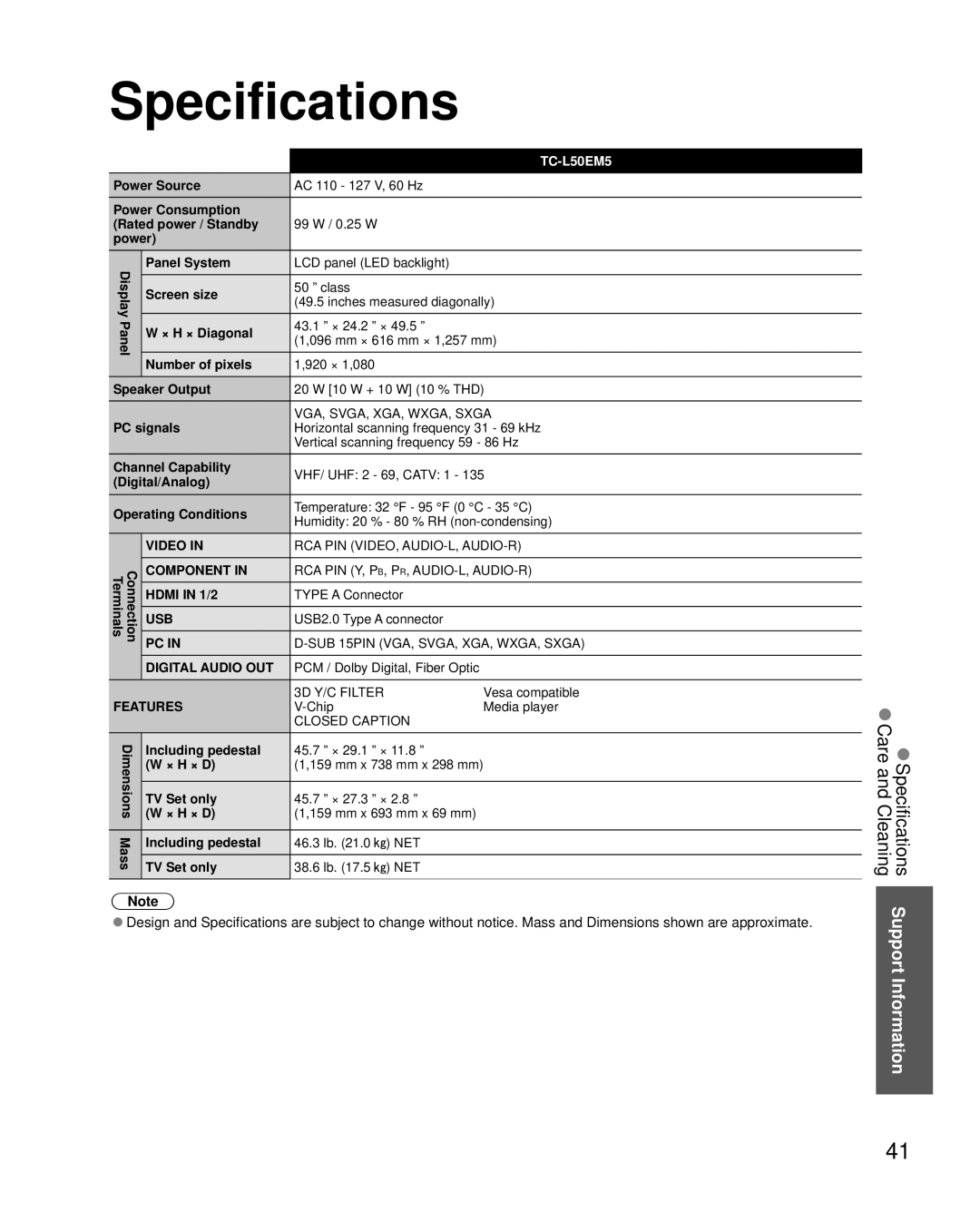 Panasonic TC-L50EM5 owner manual Specifications 