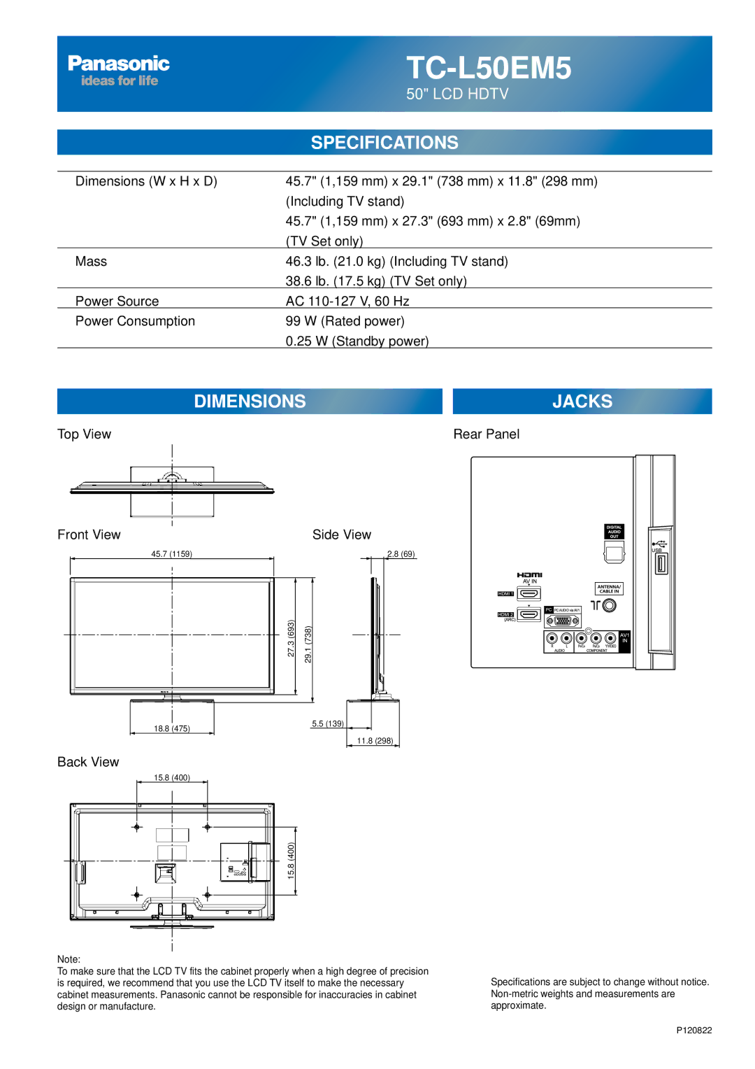 Panasonic TC-L50EM5 owner manual Top View Front View, Back View, Rear Panel Side View 