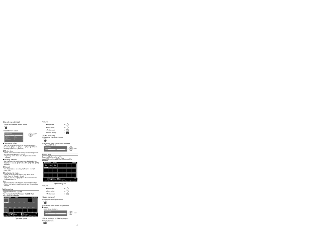 Panasonic TC-L50EM60E Slideshow settings,  Transition effect,  Photo size,  Display interval,  Repeat, Videos view 