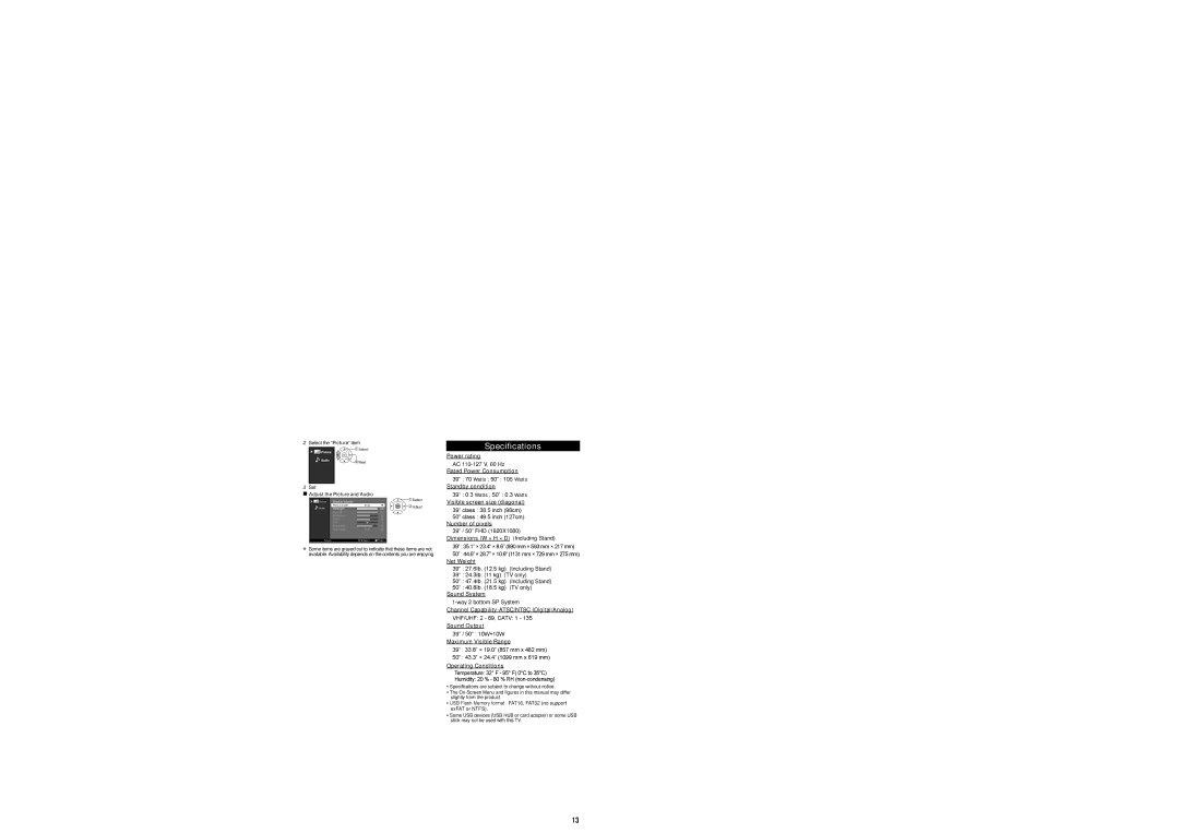 Panasonic TC-L39EM60, TC-L50EM60E, TCL50EM60E, TCL39EM60 user service Specifications 