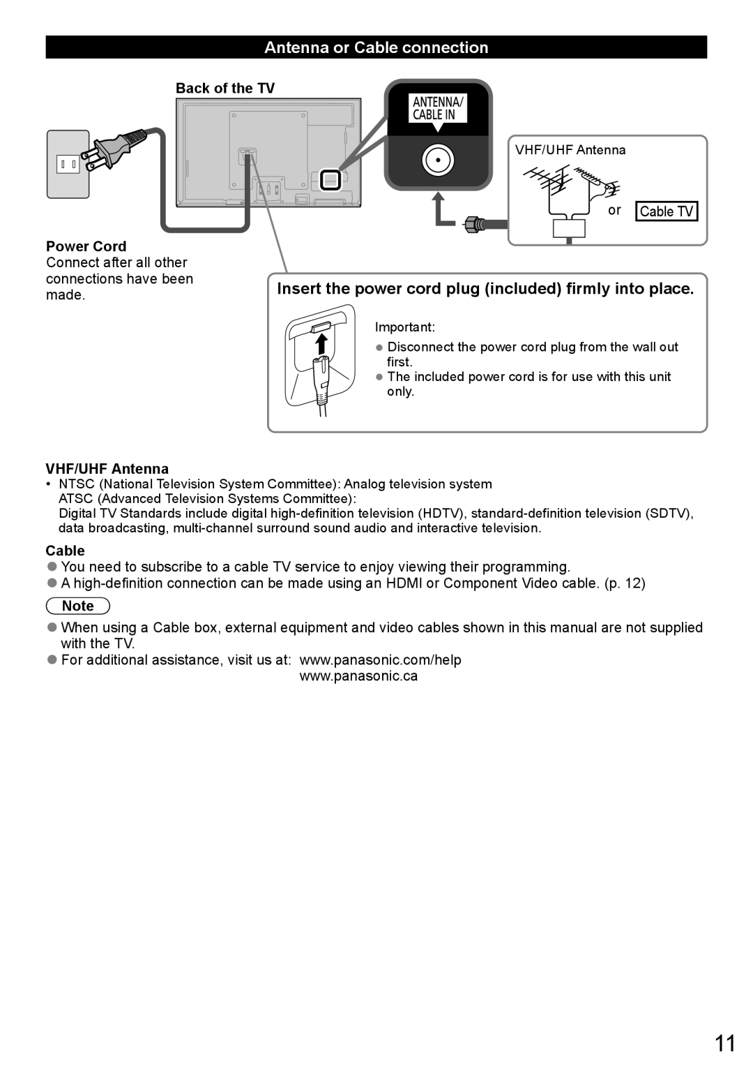 Panasonic TC-L47ET60 Antenna or Cable connection, Insert the power cord plug included firmly into place, Or Cable TV 