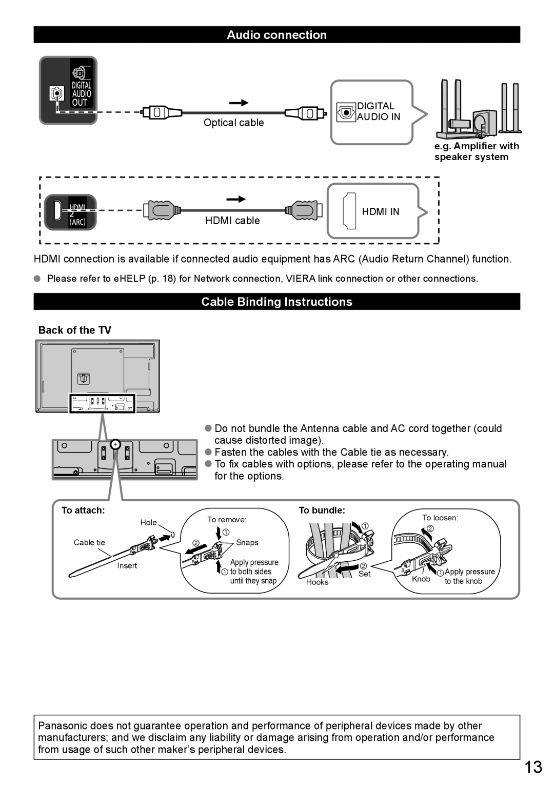 Panasonic TC-L55ET60, TC-L50ET60, TC-L47ET60 owner manual Audio connection, Cable Binding Instructions, Optical cable 