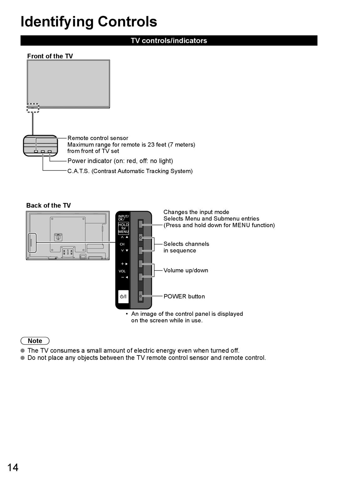 Panasonic TC-L47ET60 Identifying Controls, TV controls/indicators, Front of the TV, Power indicator on red, off no light 