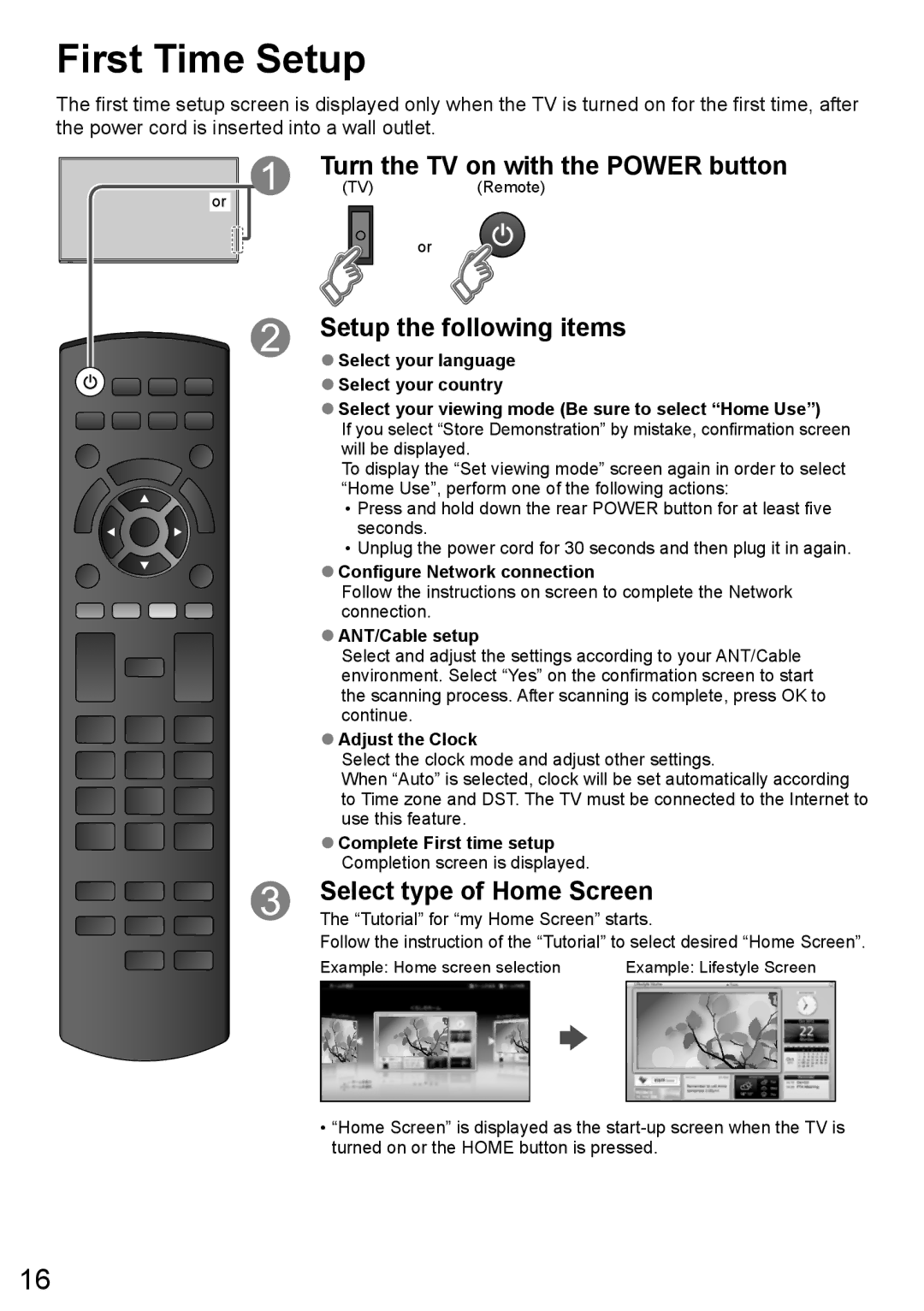 Panasonic TC-L55ET60, TC-L50ET60 First Time Setup, Configure Network connection, ANT/Cable setup, Adjust the Clock 