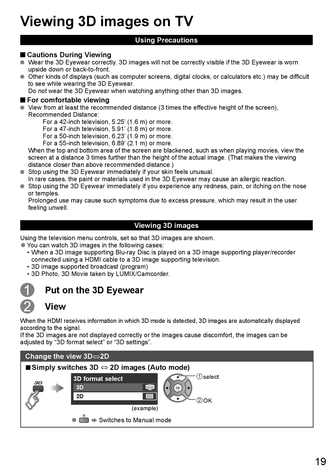 Panasonic TC-L55ET60, TC-L50ET60, TC-L47ET60 owner manual Viewing 3D images on TV, Using Precautions, Change the view 3D⇔2D 