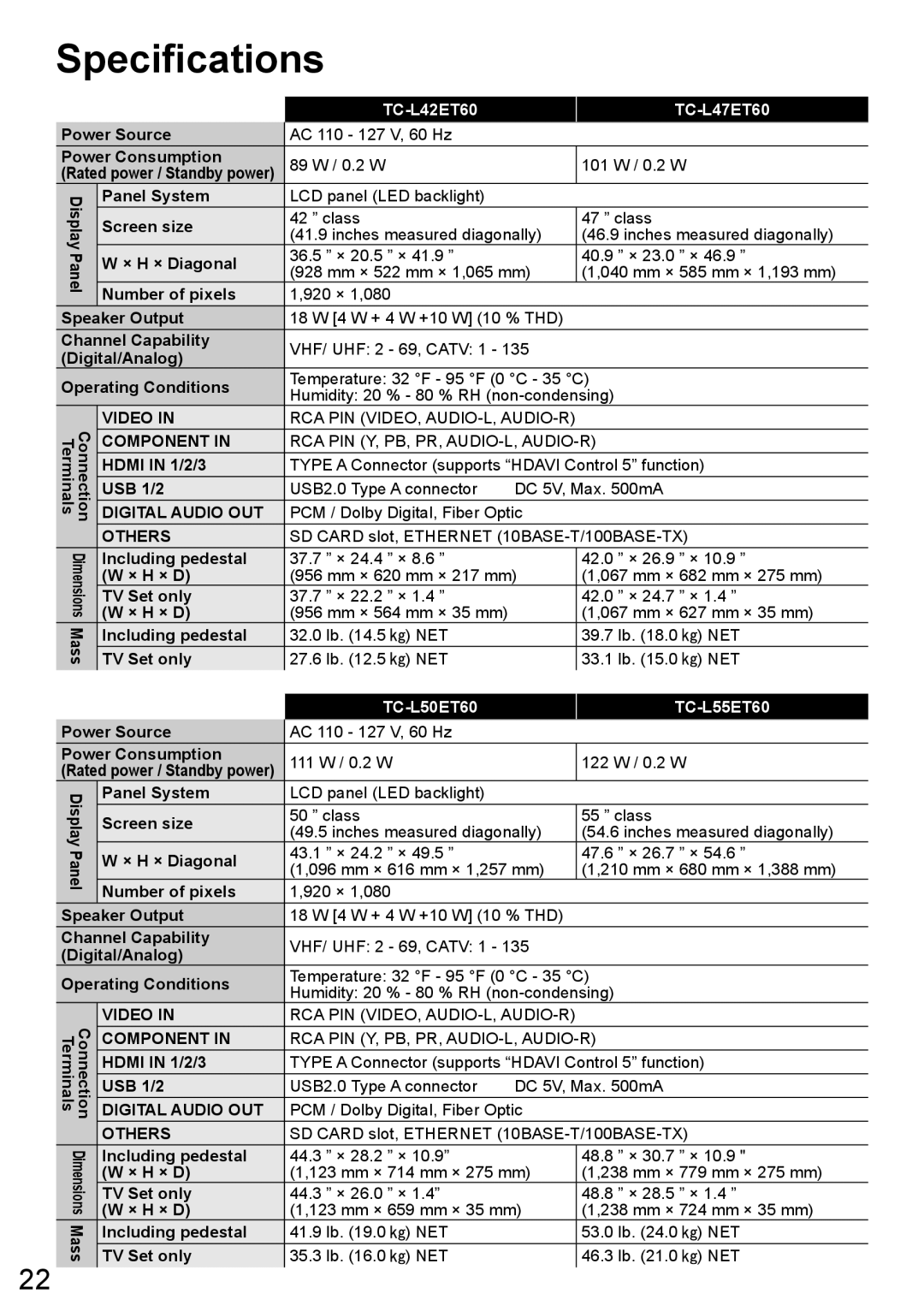 Panasonic TC-L55ET60, TC-L50ET60, TC-L47ET60 owner manual Specifications, Others 