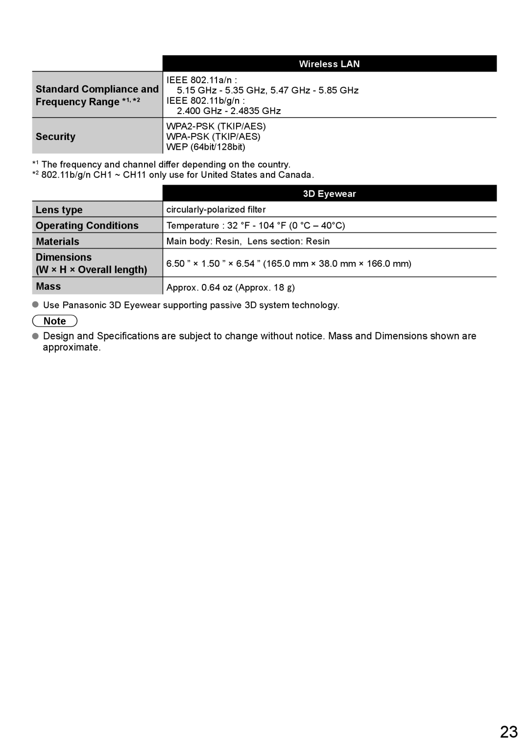 Panasonic TC-L47ET60 Frequency Range * 1, Security, Lens type, Operating Conditions, Materials, Dimensions, Mass 