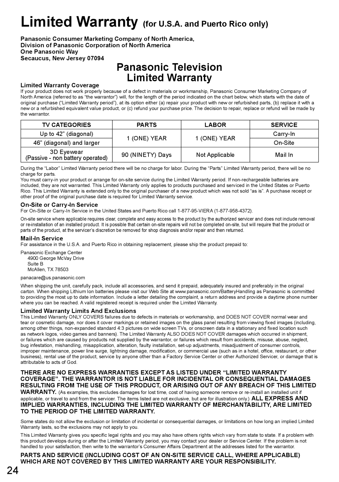 Panasonic TC-L50ET60, TC-L55ET60, TC-L47ET60 owner manual Panasonic Television Limited Warranty 