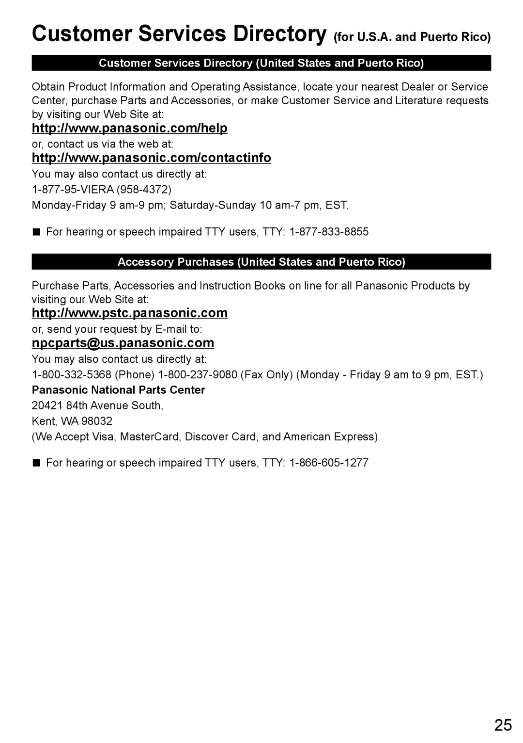 Panasonic TC-L55ET60, TC-L50ET60 Customer Services Directory for U.S.A. and Puerto Rico, Panasonic National Parts Center 