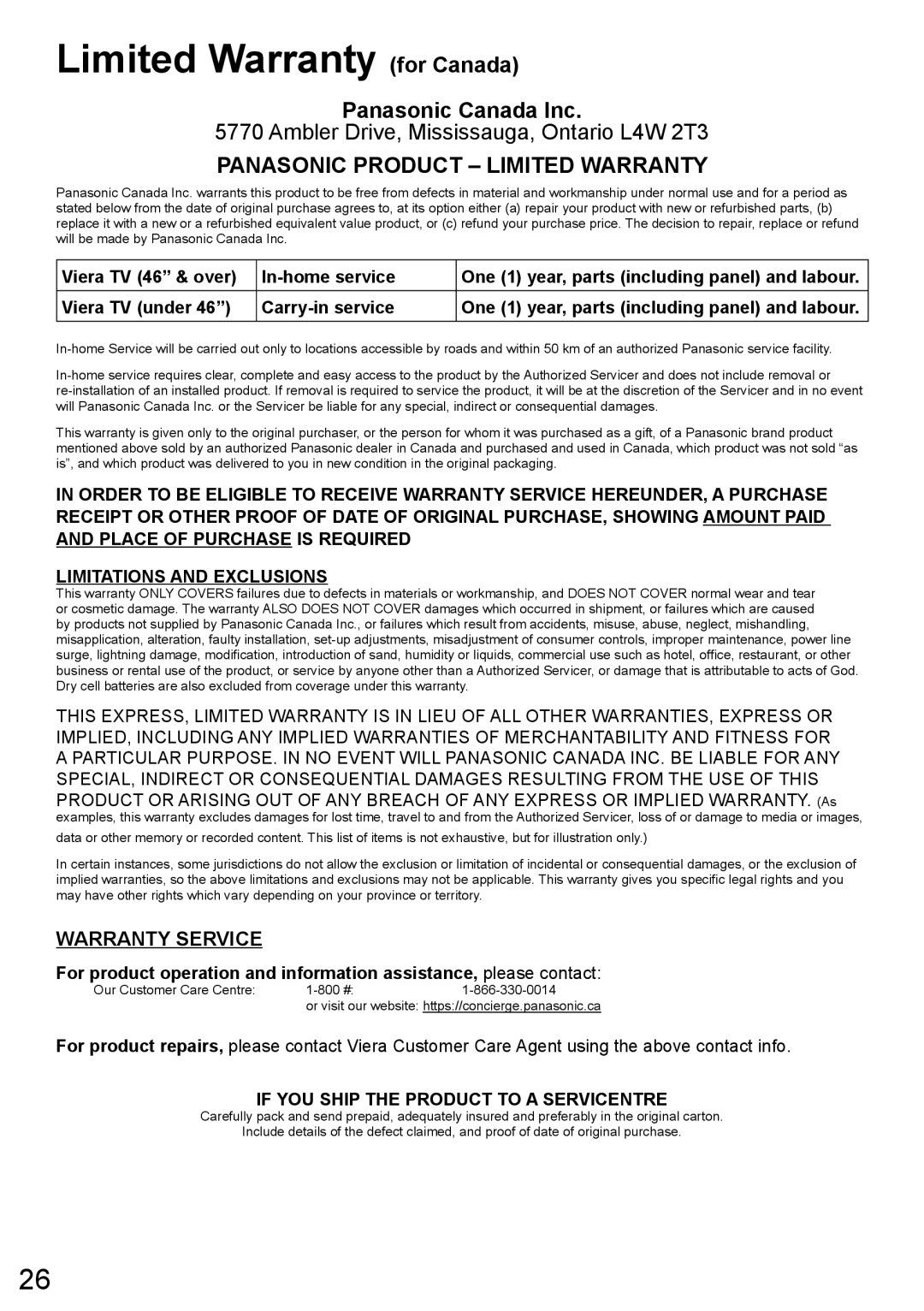 Panasonic TC-L47ET60 Limited Warranty for Canada, Viera TV 46 & over In-home service, Viera TV under Carry-in service 