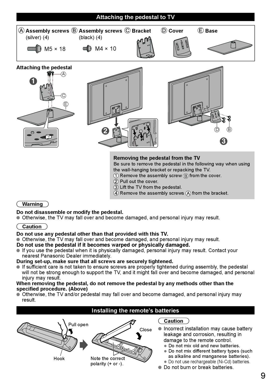 Panasonic TC-L50ET60, TC-L55ET60, TC-L47ET60 Attaching the pedestal to TV, M5 × M4 ×, Installing the remote’s batteries 