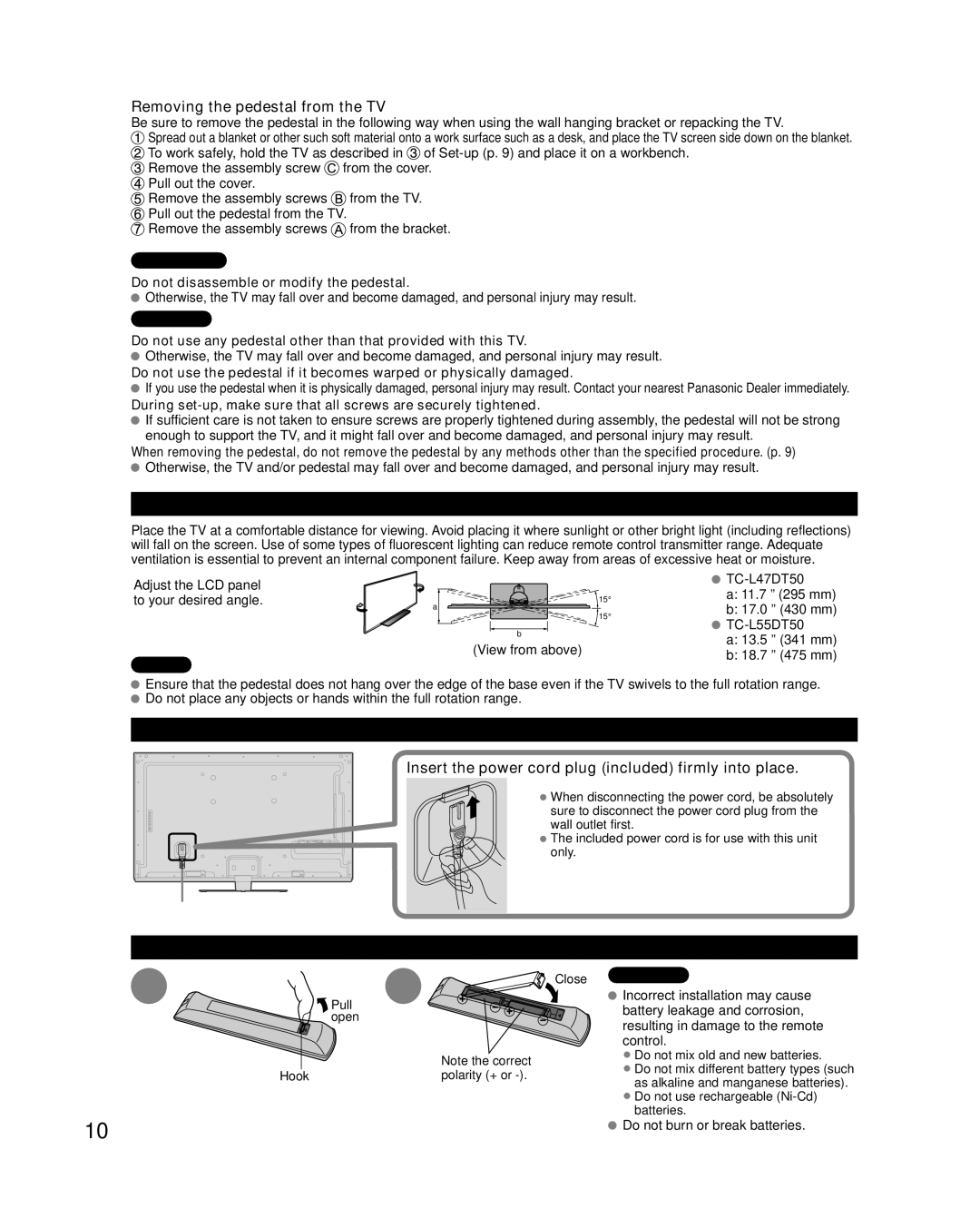 Panasonic TC-L47DT50 Location, Power cord connection, Installing the remote’s batteries, Removing the pedestal from the TV 