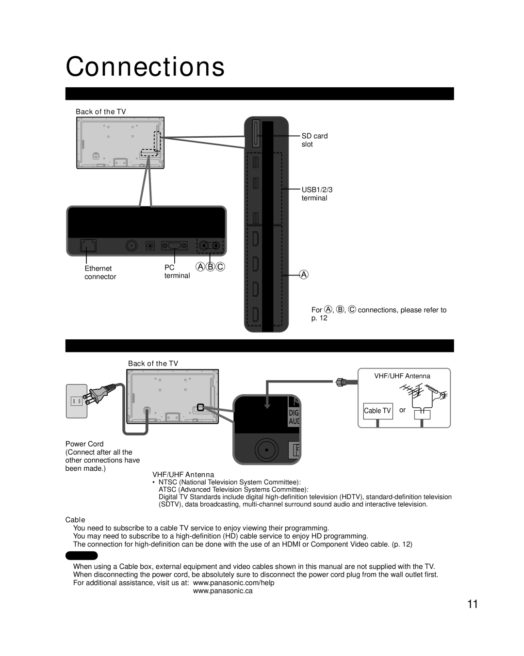 Panasonic TCL47DT50, TC-L55DT50, TC-L47DT50 Connections, Connection Panels, Antenna or Cable connection, VHF/UHF Antenna 