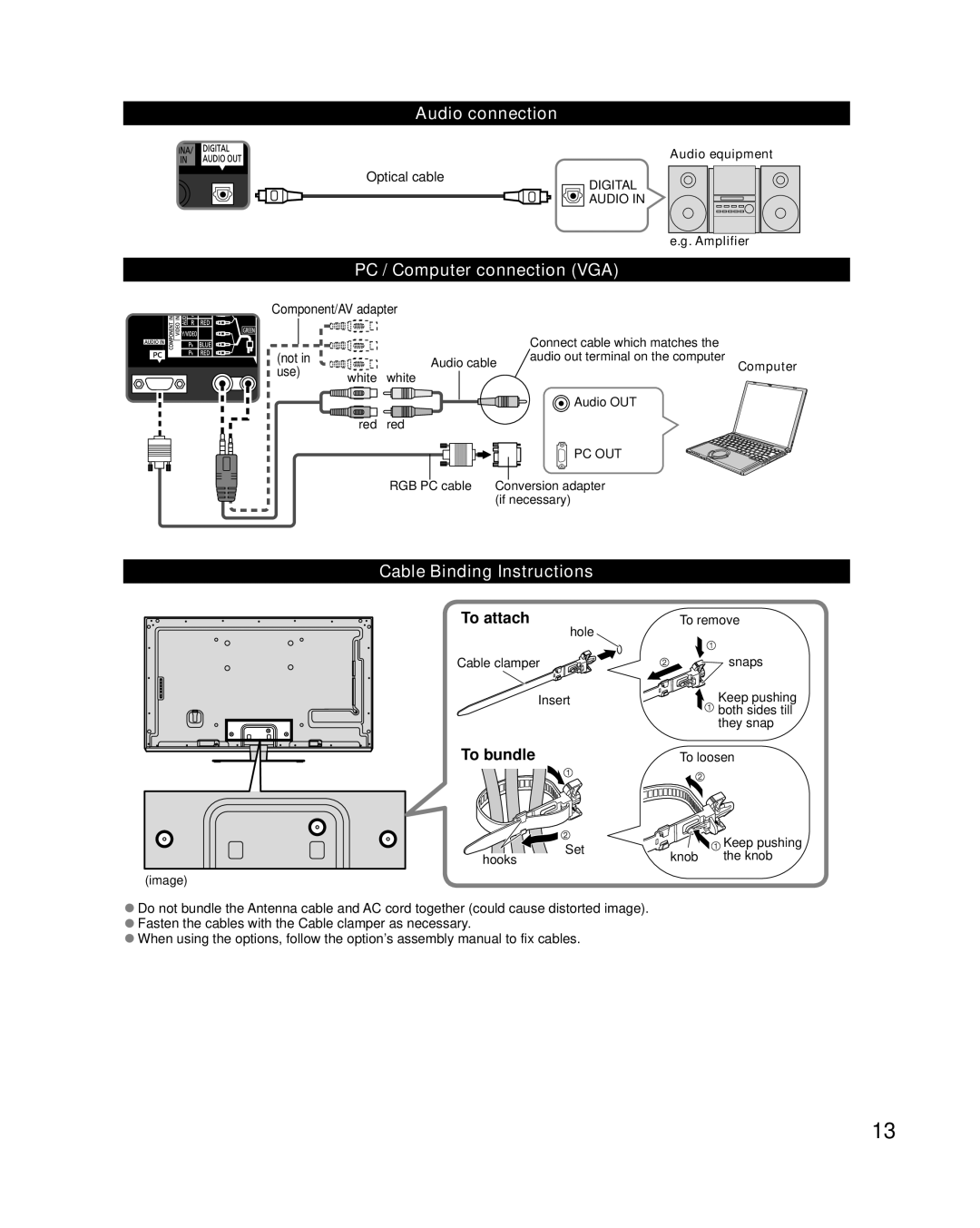 Panasonic TC-L47DT50 Audio connection, PC / Computer connection VGA, Cable Binding Instructions, To attach, To bundle 