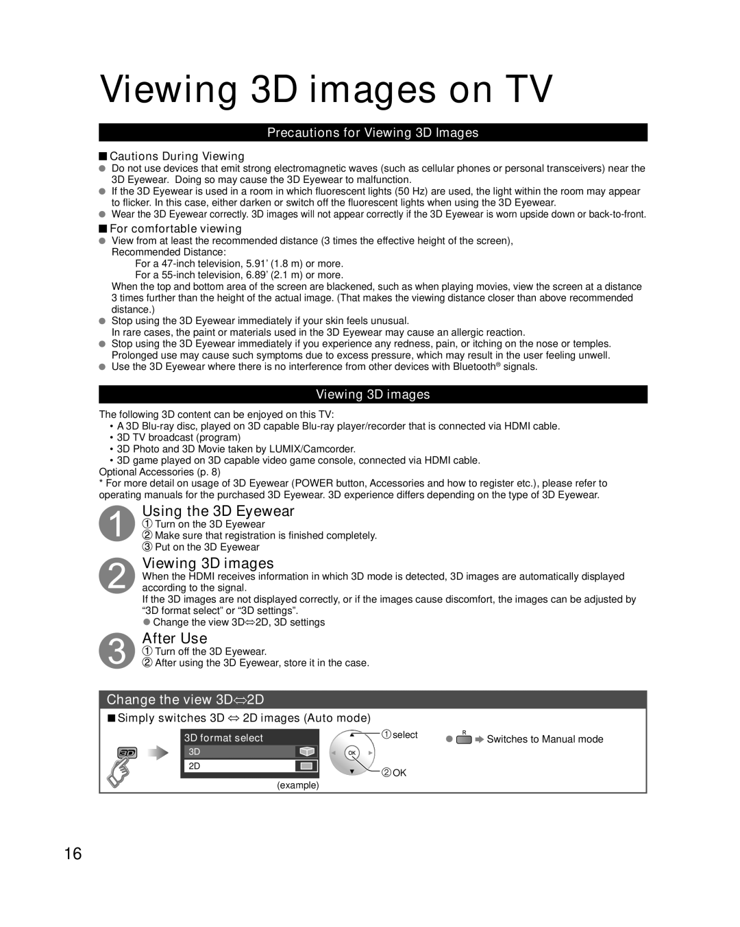 Panasonic TC-L47DT50, TC-L55DT50 Viewing 3D images on TV, Precautions for Viewing 3D Images, For comfortable viewing 