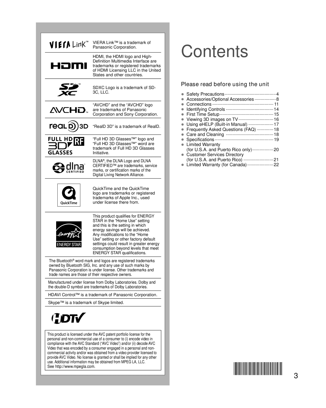 Panasonic TC-L55DT50, TC-L47DT50, TCL47DT50 owner manual Contents 