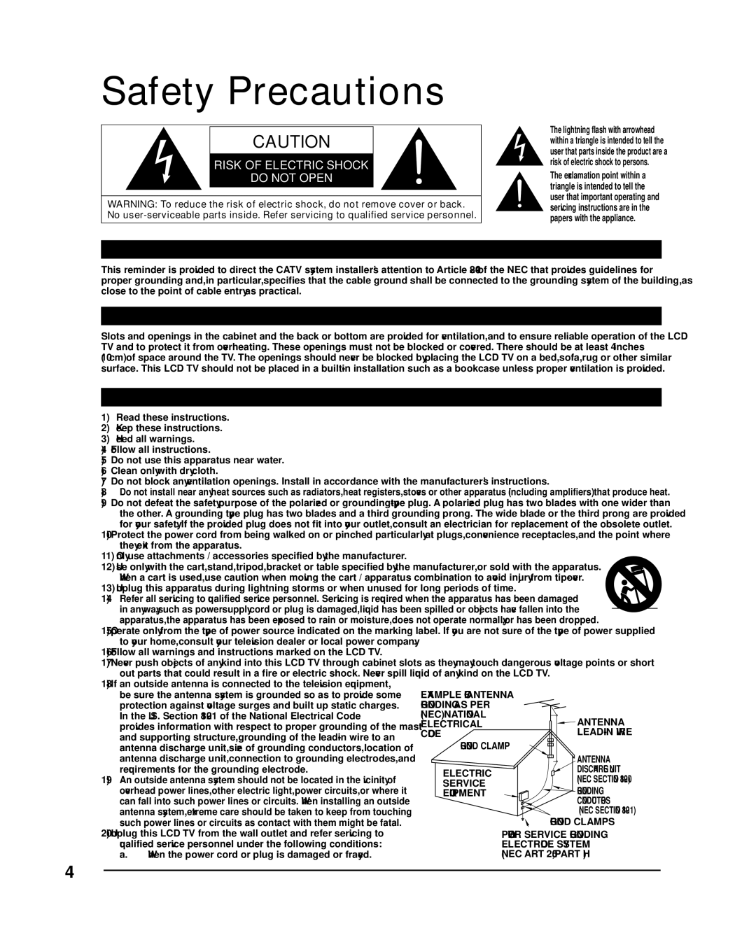 Panasonic TC-L47DT50, TC-L55DT50, TCL47DT50 Safety Precautions, Secure Ventilation, Important Safety Instructions TV set 