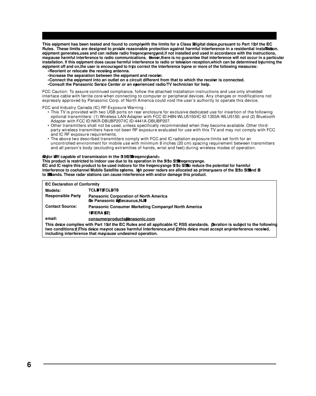 Panasonic TC-L55DT50, TC-L47DT50, TCL47DT50 owner manual FCC and IC Statement 